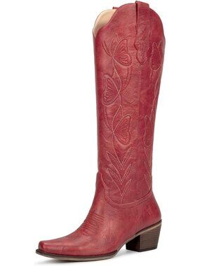 Women's Knee High Cowgirl Boots Western Boots with Pointed Toe Retro Red